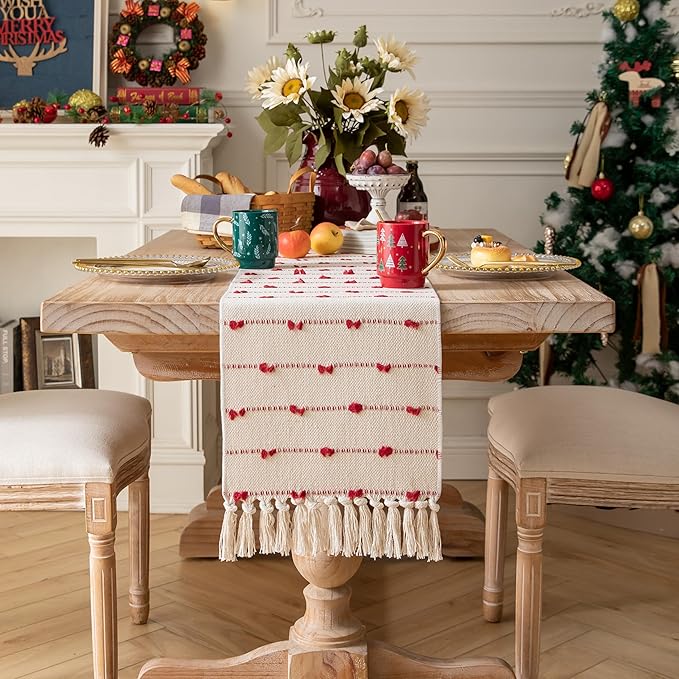 Caflife Christmas Table Runner 60 Inchs Long for Modern Farmhouse Room Home Christmas Decorations, Boho Red Table Runner, Natural Cotton Woven with Tassels for Holiday Kitchen and Dining Table Decor