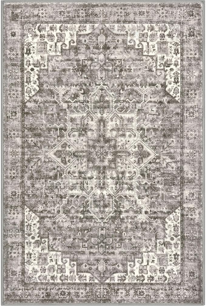 3x5 Washable Area Rugs for Entryway, Taupe Soft Medallion Printed Area Rug with Non-Slip, Low-Pile Vintage Boho Carpet for Living Room Bedroom Dining, Dorm Throw with Non-Shedding