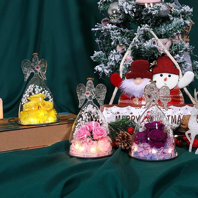 Mothers Day Rose Gifts for Women, Large Angel Figurines with Real Roses, Preserved Real Flower Rose for Her - Wine Red