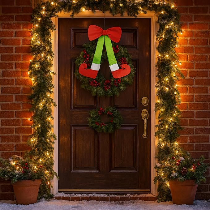 Plush Elf Legs Christmas Wreath Decoration with Large Red Bow - 15.7" Hanging Holiday Decor for Front Door, Wall & Tree (6, Red)
