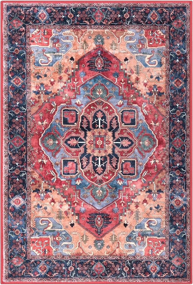 2x3 Vintage Washable Rug, Red Soft Area Rug for Entryway, Boho Non-Slip Indoor Door Mat, Low-Pile Kitchen Rugs, Floor Carpet for Entrance Kitchen Bedside Farmhouse