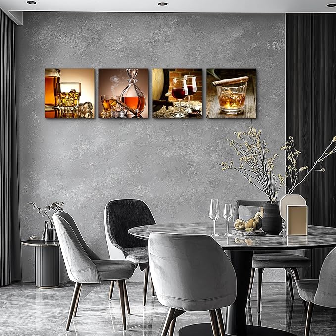 Canvas wall Art For Kitchen Dining Room Wall Decor Still Life Wine Glass Wall Paintings Ready To Hang For Home Decor Pub Restaurant Mural Framed Pictures Posters Prints Artwork 16" X 16"4 Piece