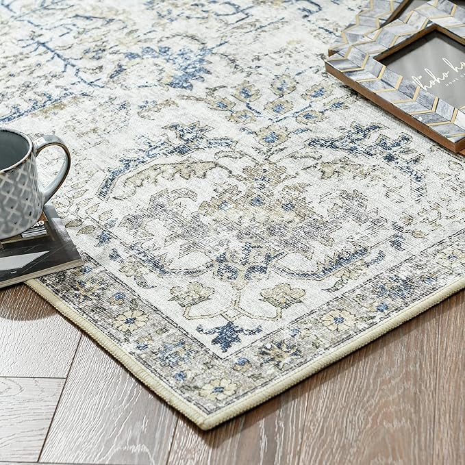 jinchan Kalen Area Rug 9x12 Washable Living Room Rug Vintage Indoor Large Floor Cover Retro Distressed Floral Country Boho Lightweight Non Slip Thin Carpet for Kitchen Bedroom Dining Room Office Blue