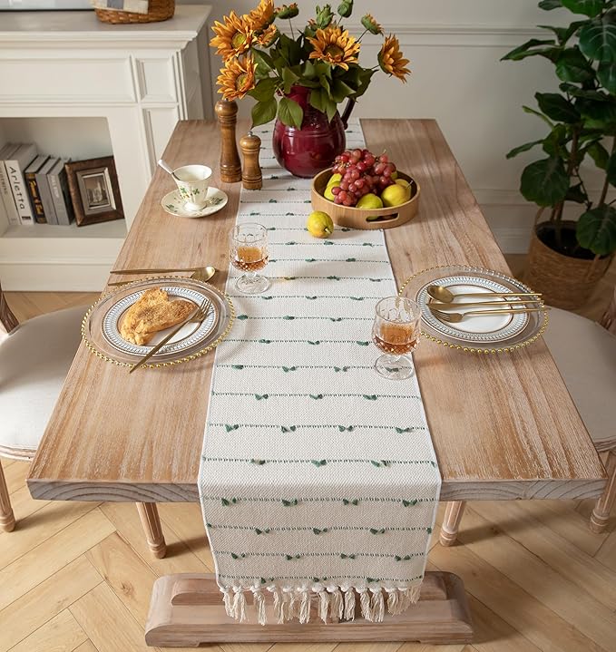 Caflife Boho Table Runner 60 Inchs Long for Modern Farmhouse Room Home Decor, Green and Beige Coffee Table Runner, Natural Cotton Woven with Tassels Neutral, for Kitchen Dining Table Decor