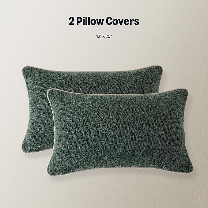 Amazon Basics Boucle Lumbar Throw Pillow Covers for Couch, Living Room, Home Decor with Hidden Zipper, Green, 12×20in, Pack of 2