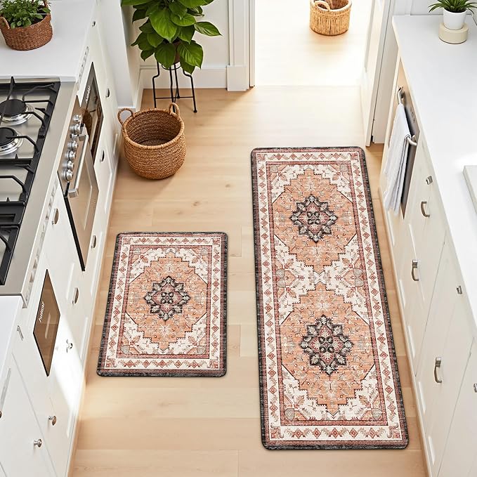 Boho Kitchen Mats for Floor 2 Piece Set Anti Fatigue Cushioned PVC Kitchen Rugs Non Slip Waterproof Farmhouse Mats 2/5 Inch Comfort Standing Mat for Sink, Laundry, Office, 17.3"x59"+17.3"x28", Orange