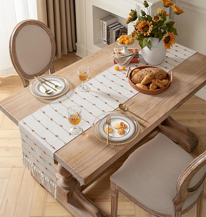 Caflife Boho Table Runner 108 Inchs Long for Modern Farmhouse Room Home Decor, Brown and Beige Coffee Table Runner, Natural Cotton Woven with Tassels Neutral, for Kitchen Dining Table Decor