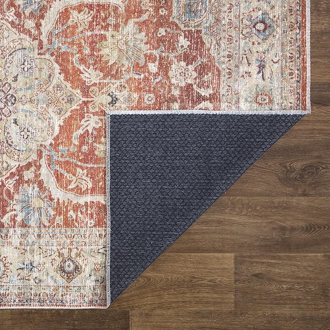 Bloom Rugs Caria Washable Non-Slip 4x6 Rug - Orange/Olive Beige Traditional Area Rug for Living Room, Bedroom, Dining Room, and Kitchen - Exact Size: 4' x 6'