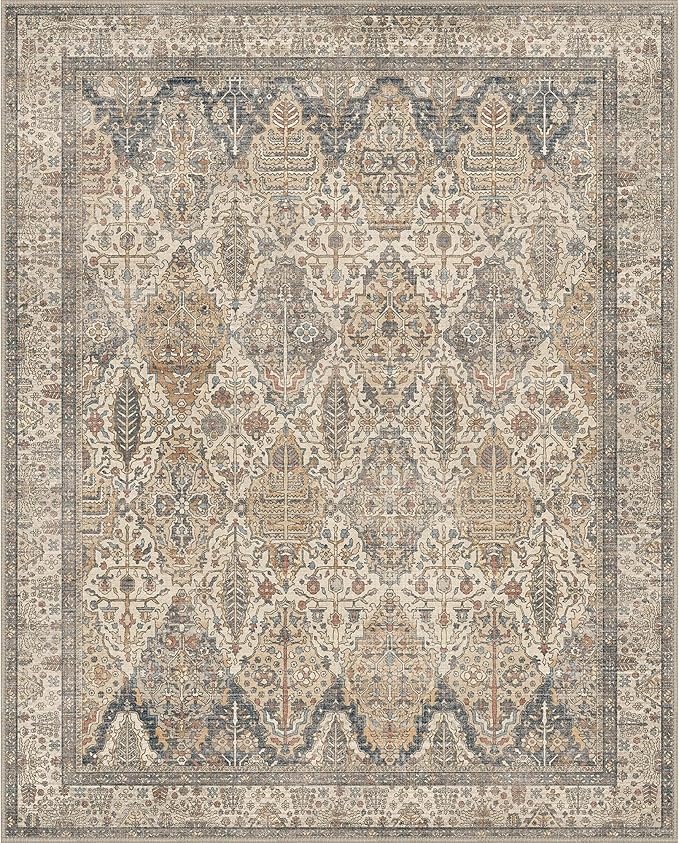 GENIMO 6x9 Area Rugs for Living Room, Machine Washable Low Pile Rugs, Chenille Non Alip Vintage Rug for Bedroom, Dining Room, Home Office, Beige Khaki