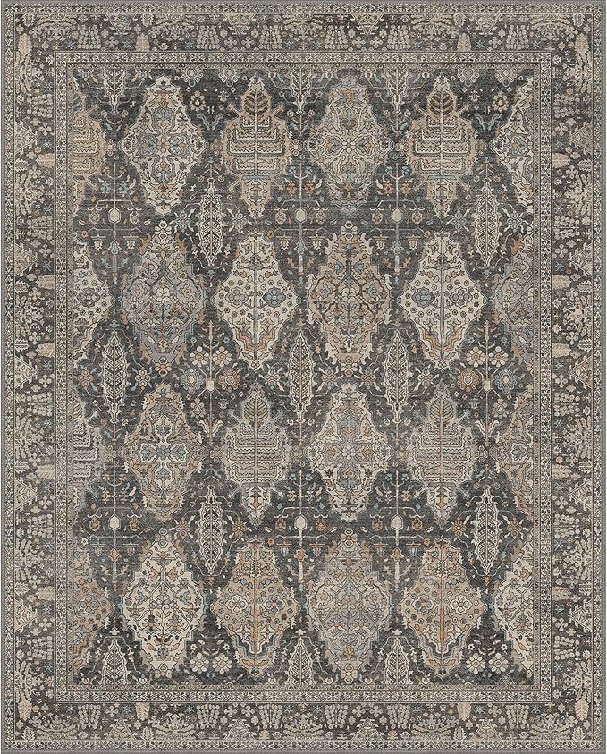 GENIMO 6x9 Area Rugs for Living Room, Machine Washable Low Pile Rugs, Chenille Non Alip Vintage Rug for Bedroom, Dining Room, Home Office, Charcoal Tan