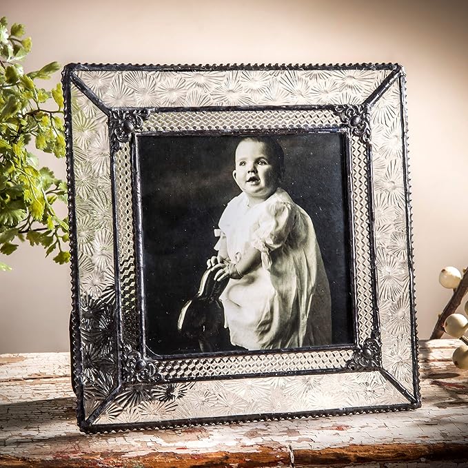 J Devlin Glass Art Pic 380-44 Square 4 x 4 Picture Frame Stained Glass Tabletop Photo Frame Vintage Home Decor Keepsake Gift