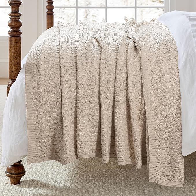 WDCOZY Cable Knit Throw Blanket – Super Soft, Warm & Lightweight Knitted Jacquard Throw Blanket for Couch, Sofa, Bed, Chair, Cozy Texture Farmhouse Decorative Home Blanket, Beige 50x60 inches
