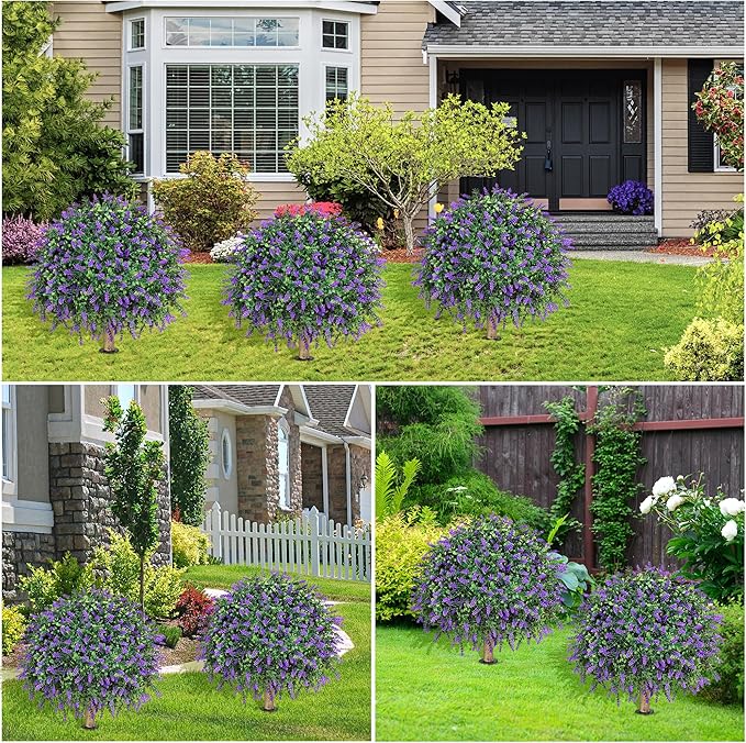 HyeFlora 26'' Artificial Topiary Boxwood Ball Trees with Lavender 2 Pack Fake Plants for Outdoor Indoor Artificial Shrubs with Ground Spike UV Resistant Fake Bushes for Front Porch Garden (Purple)