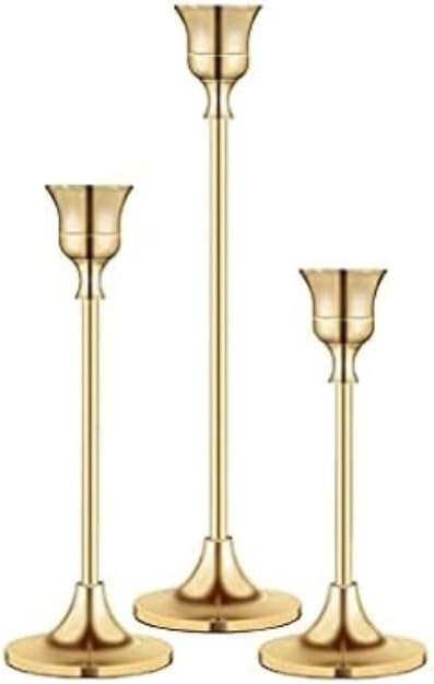 Rose Gold Taper Candle Holders Set of 3 – Metal Candlestick Holders for Table Centerpiece, Modern Vintage Décor for Wedding, Mantel, Dining Room, Home & Housewarming Gifts
