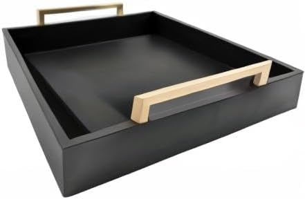 Decorative Coffee Table Tray - Ottoman Tray - Breakfast, Drinks, Liquor Serving Platter - Farmhouse to Modern - Matte Finish - Champagne Gold Handles - Pitch Black