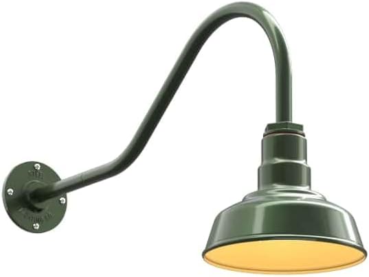 Steel Lighting Co. Hawthorne Barn Light | Outdoor Wall Mounted | 8 inch Dome | 23" Gooseneck | Small Farmhouse Light Made in America | Hunter Green Exterior/Brass Interior