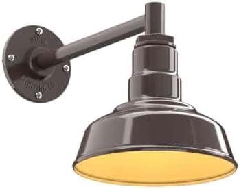 Steel Lighting Co. Hawthorne Barn Light | Outdoor Wall Mounted | 8 inch Dome | 11" Straight Arm | Small Farmhouse Light Made in America | Dark Bronze Exterior/Brass Interior
