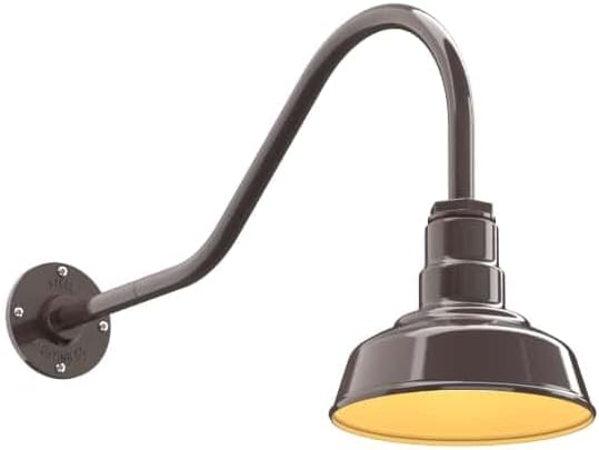 Steel Lighting Co. Hawthorne Barn Light | Outdoor Wall Mounted | 8 inch Dome | 23" Gooseneck | Small Farmhouse Light Made in America | Dark Bronze Exterior/Brass Interior