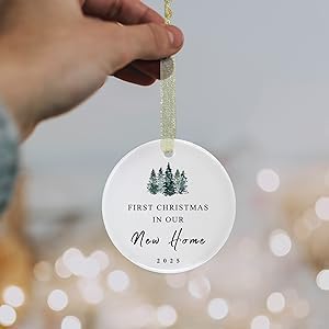 First Christmas in New Home Ornament 2025, First New Home Ornament New House Our First House Housewarming Christmas Ornaments Round Ceramic with Gift Box&Ribbon 2.9"