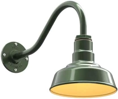 Steel Lighting Co. Hawthorne Barn Light | Outdoor Wall Mounted | 8 inch Dome | 16" Gooseneck | Small Farmhouse Light Made in America | Hunter Green Exterior/Brass Interior
