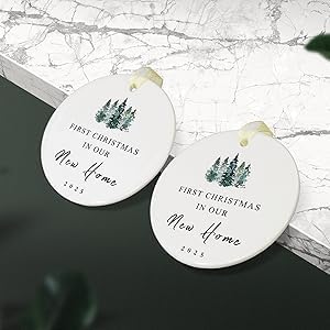 First Christmas in New Home Ornament 2025, First New Home Ornament New House Our First House Housewarming Christmas Ornaments Round Ceramic with Gift Box&Ribbon 2.9"