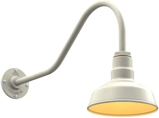 Steel Lighting Co. Hawthorne Barn Light | Outdoor Wall Mounted | 8 inch Dome | 23" Gooseneck | Small Farmhouse Light Made in America | Cream Exterior/Brass Interior