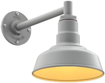 Steel Lighting Co. Hawthorne Barn Light | Outdoor Wall Mounted | 8 inch Dome | 11" Straight Arm | Small Farmhouse Light Made in America | Modern Gray Exterior/Brass Interior