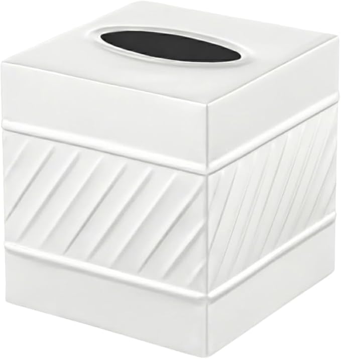 Monarch Abode Tissue Box Cover Square – Handcrafted Wave Embossed White Metal Tissue Holder Box for Bathroom Accessory, Aesthetic Decorative Facial Napkin Cube for Modern Home Decor