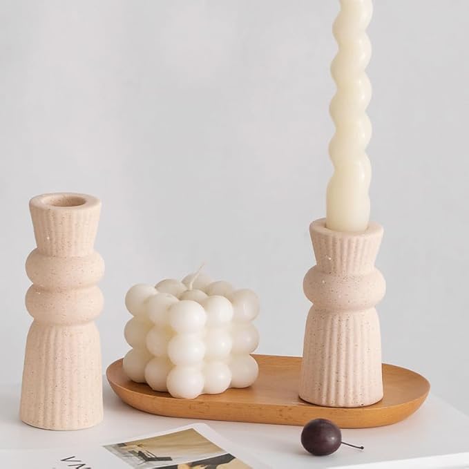 Denique Ceramic Candle Holders Set of 2, Creative Modern Knot Candlestick Holder Set, Table Centerpiece Taper Candle Holders Desktop Decoration for Home Decor, Wedding, Dinning, Party (Beige)