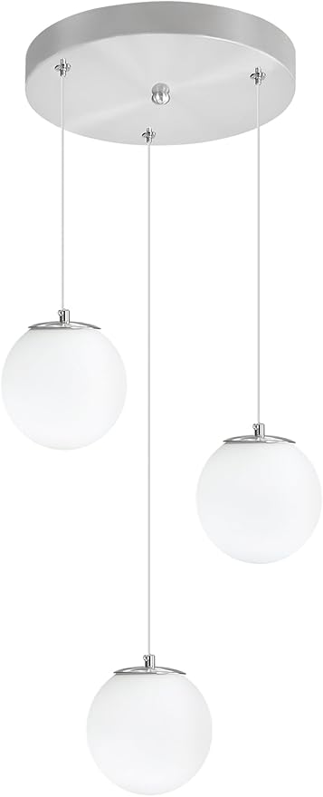 3-Light Globe Pendant Light for Kitchen Island Silver Pendant Light Fixtures with White Glass Globe Hanging Lights for Bedroom,Hallway,Bar
