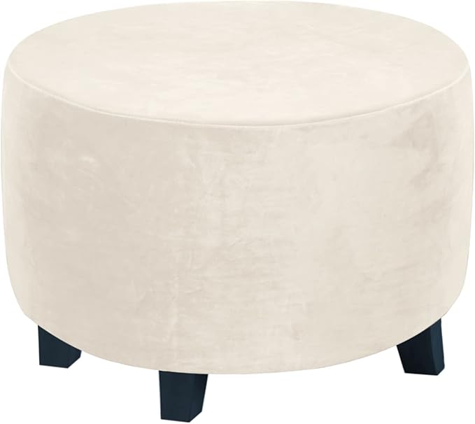 H.VERSAILTEX Round Ottoman Covers Slipcover Footstool Protector, Storage Stool Covers Stretch with Elastic Bottom, Feature Real Velvet Plush Fabric (Medium, Ivory)