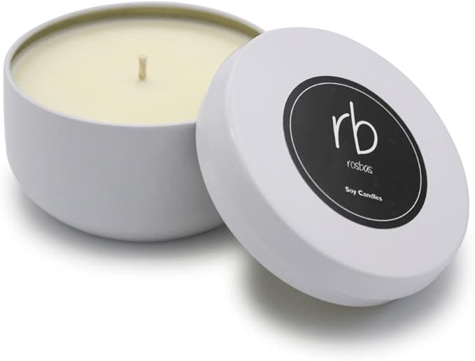 Rosbas Candle, Sandalwood Scented, Natural Soy Wax, White Metallic Tin, 6 oz, Cotton Wick, Long Burn Time, Drawstring Cotton Bag, Non-Toxic, Handmade in The USA