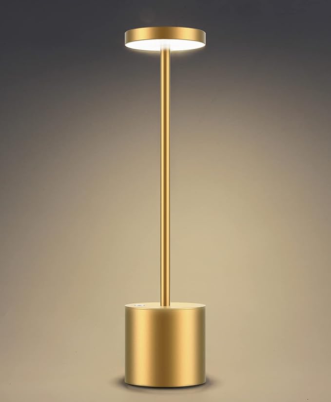 Cordless Table Lamp, Rechargeable LED Battery 6000mAh Metal USB Portable Powered Desk Lamp, 3 Levels Brightness Light for Restaurants Outdoor (13.25in Gold)