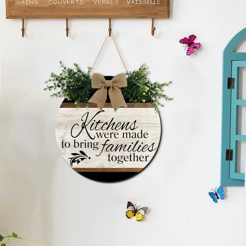 Kitchen Rustic Round Wooden Wreath Sign 11inch, Kitchens Are Made For Bringing Families Together Signs, Kitchen Wreaths Decorations Farmhouse Wall Art Decor
