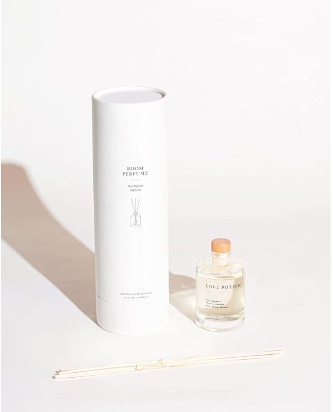 Brooklyn Candle Studio Reed Scent Diffuser - Relaxing Oil Diffuser, Sandalwood & Amber Fragrance, 8 Rattan Diffuser Reeds, Clean Ingredients (3.7oz, Love Potion)