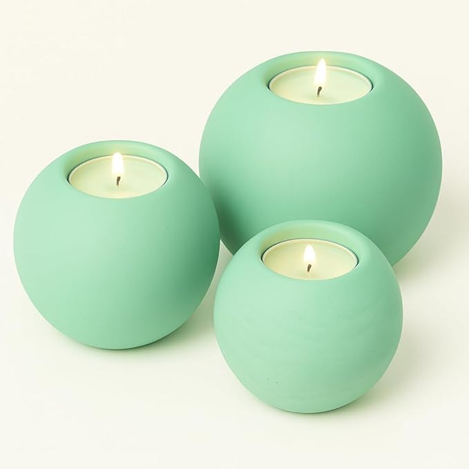 Concrete Sphere Tea Light Holder - Minimalist Centerpiece - Candle Holder - Modern Interior Design (Mint, Set of 3 Sizes)