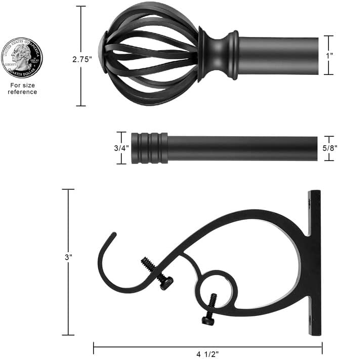 Double Curtain Rods for Window 72-144", Matte Black Double Curtain Rods with Round Cage & Barrel Finials, 1-Inch Front and 5/8 Inch Back Double Drapery Rod