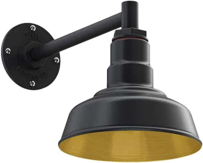 Steel Lighting Co. Hawthorne Barn Light | Outdoor Wall Mounted | 8 inch Dome | 11 inch Straight Arm| Small Farmhouse Light Made in America | Matte Black Exterior/Brass Interior