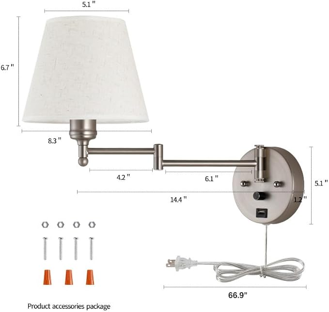 Swing Arm Wall Lamp Wall Mount Lamp with Cord Plug in Wall Sconce Lighting with Dimmable On Off Switch Wall Light with USB Port Plug in Wall Lamp for Bedroom Reading Satin Nickel Finish