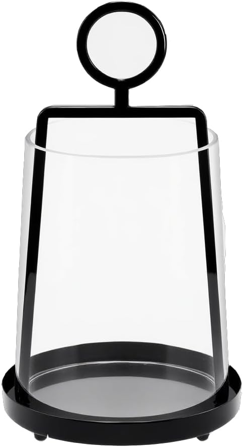 9" Wide Modern Farmhouse Metal Hurricane Candle Holder with Handmade Sturdy Glass Sleeve in Black for Pillar Candle & Plants, Glass Hurricane Lantern, Industrial, Minimalistic