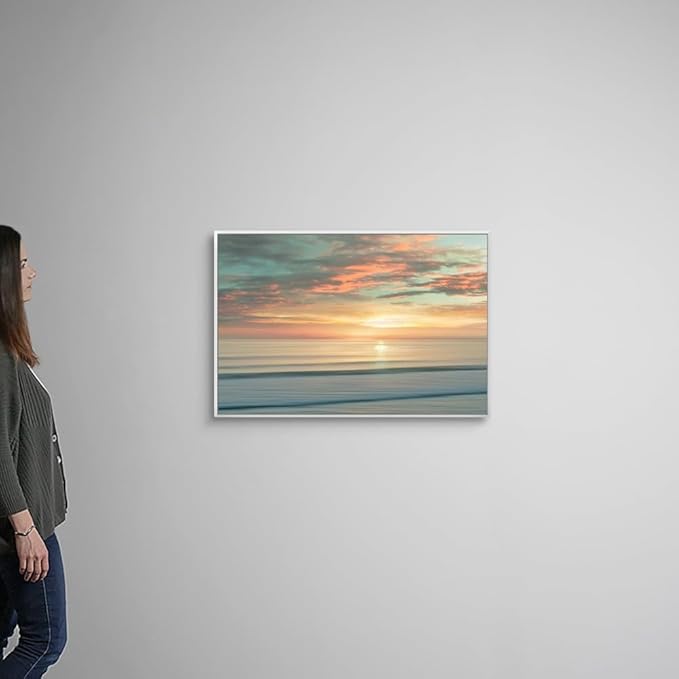 CANVAS ON DEMAND Beach Sunrise White Float Framed Canvas Wall Art Print by Alex Hanson, Contemporary, Home Decor, Ocean Artwork,36" x24in