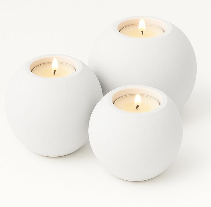 Concrete Sphere Tea Light Holder - Minimalist Centerpiece - Candle Holder - Modern Interior Design (Ashy White, Set of 3 Sizes)