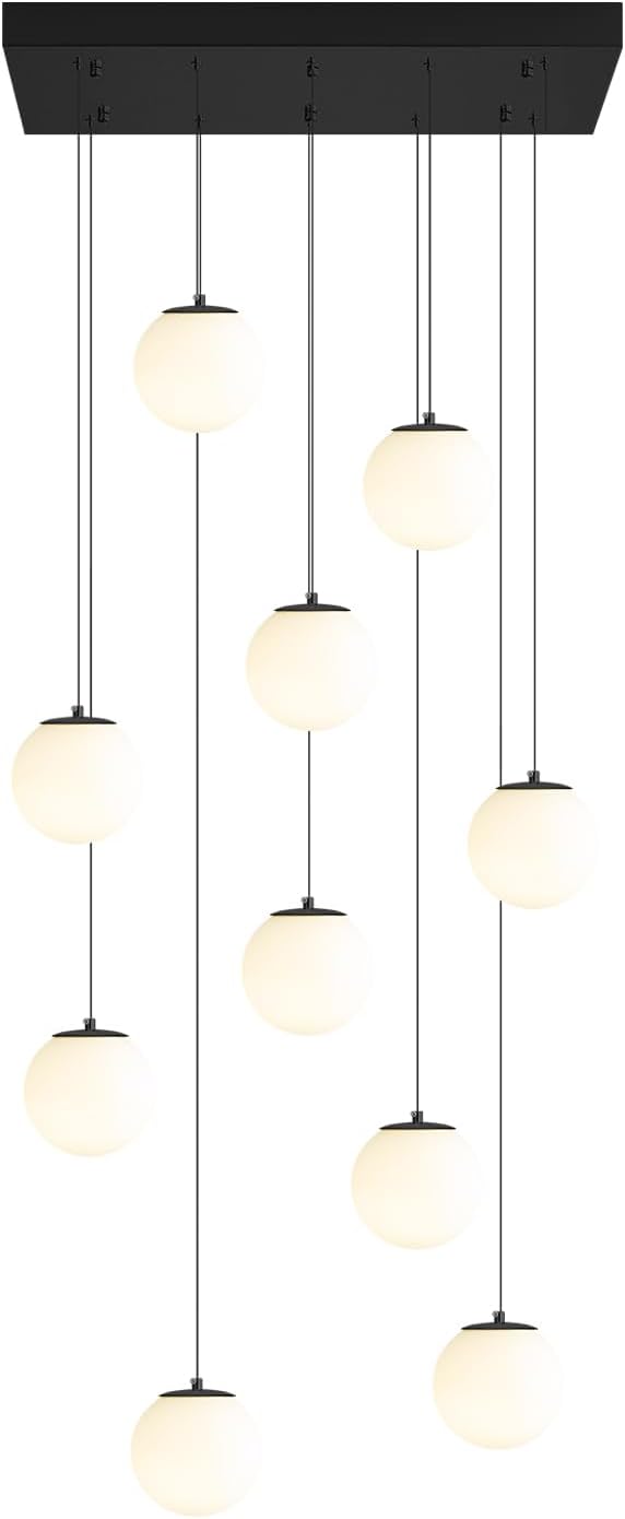 Modern Rectangular Chandelier,10 Lights White Globe Chandelier Lighting,Industrial Linear Pendant Light Fixture for Dining Living Room Kitchen Island