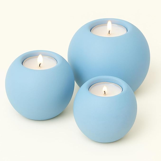 Concrete Sphere Tea Light Holder - Minimalist Centerpiece - Candle Holder - Modern Interior Design (Sky Blue, Large Sphere)