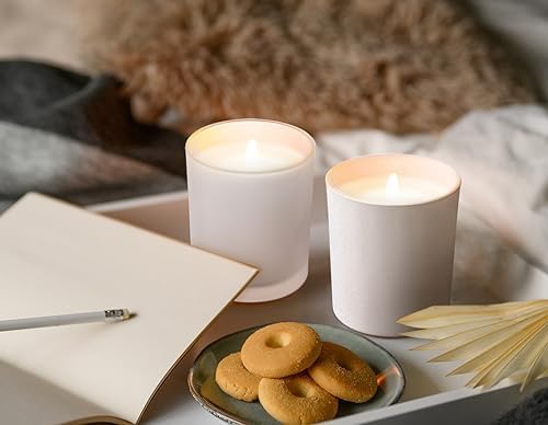 SHOWIN 14 OZ Thick Candle Jars for Making Candles 6 Pcs, Empty Jars with Wood Lids for Spice Jars, Sample Container, Frosted White