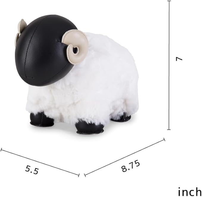 Bookend Sheep Bomy II, Leather Bookends for Shelves, Handmade Animal Lamb Home Decor, Zuny Series, Black + Wheat