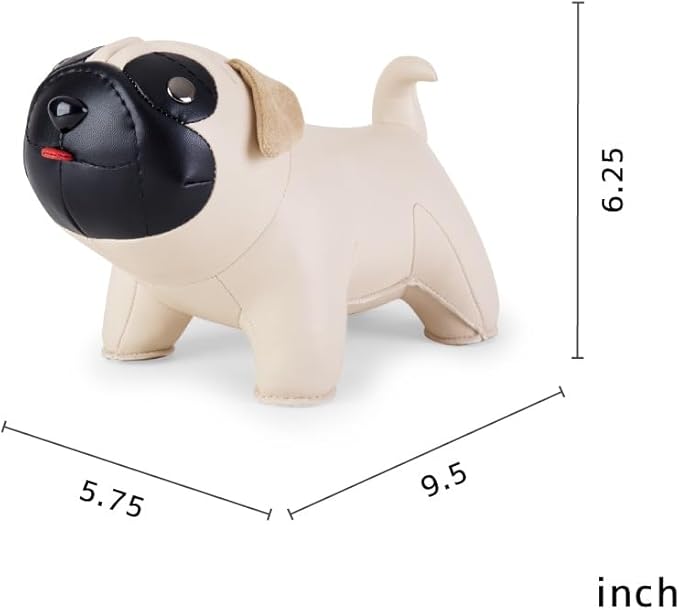 Zuny Bookend Pug, Leather Bookends for Shelves, Handmade Animal Dog Home Decor, Classic Series, Wheat+Black