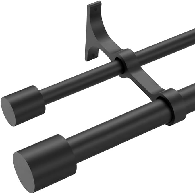 Double Curtain Rods for Window 72 to 144 Inch (6-12ft), Matte Black Double Drapery Rod, Heavy Duty 1 Inch Front and 5/8 Inch Back Decorative Dual Window Rods with Cap Finials