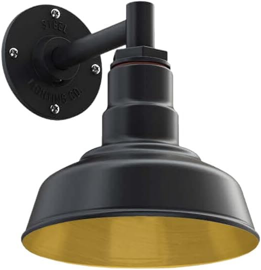 Steel Lighting Co. Hawthorne Barn Light | Outdoor Wall Mounted | 8 inch Dome | 6 inch Straight Arm| Small Farmhouse Light Made in America | Matte Black Exterior/Brass Interior