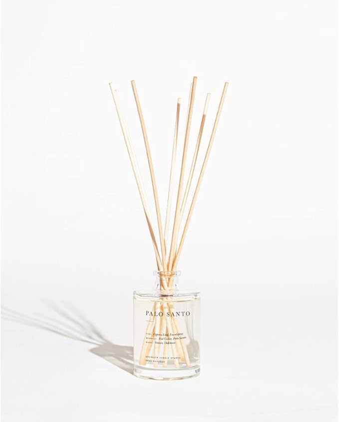 Brooklyn Candle Studio Reed Scent Diffuser - Relaxing Oil Diffuser, Sandalwood & Amber Fragrance, 8 Rattan Diffuser Reeds, Clean Ingredients (3.7oz, Palo Santo)